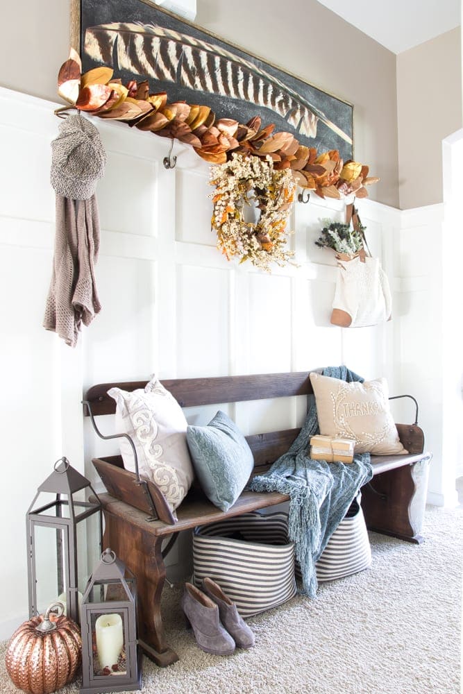 Rustic Glam Fall Entryway | blesserhouse.com - How to style a rustic glam fall entryway using reclaimed wood, farmhouse decor, metallic elements from Pier 1 Imports. #sponsored 